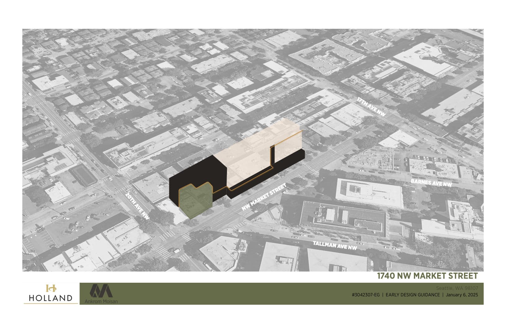 Massing study, sheet 1 of the early design guidance packet for Ballard Apartments
