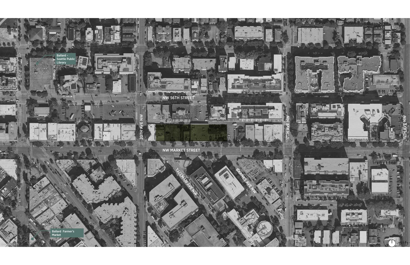 Aerial site plan, sheet 5 of the early design guidance packet for Ballard Apartments
